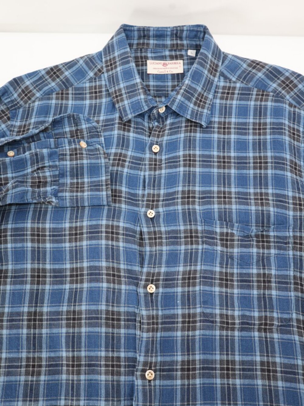 Luciano Barbera Shirt Mens Large Linen Button Up Long Sleeve Plaid Italy Preppy